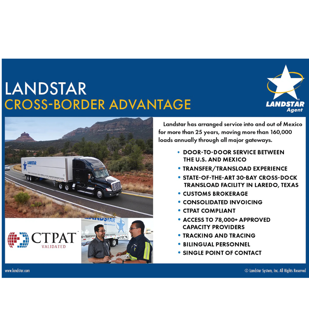 Laredo Texas mega bridge for US-Mexico cross-border freight, highlighting Landstar logistics.